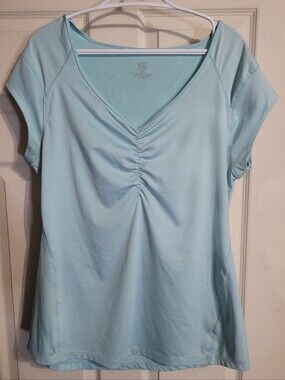 Tangerine 1X Light Aqua Ruched V-Neck Short Sleeve Activewear Top